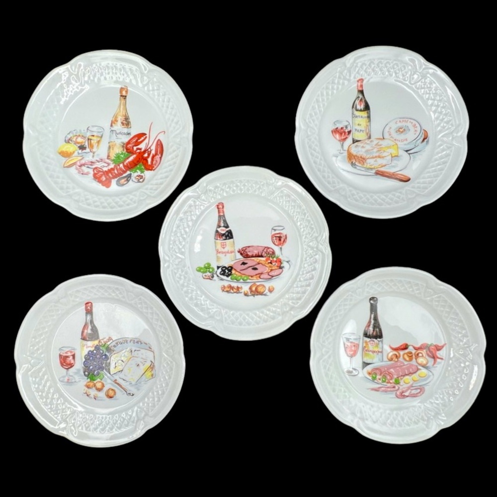 Lourioux French Porcelain Set of 5 Appetizer Cheese Tapas Plates 5.5” Diameter